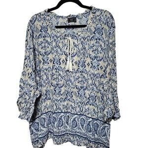 Lark‎ Lane 2X Blue Cream Patterned Peasant Blouse Top Bohemian Tunic Women